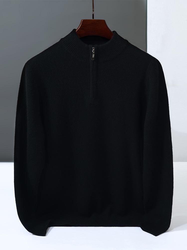 Men's Cashmere Knit Zipper Sweater - Solid Color, Loose Fit, Half-High Collar, Autumn/Winter Collection