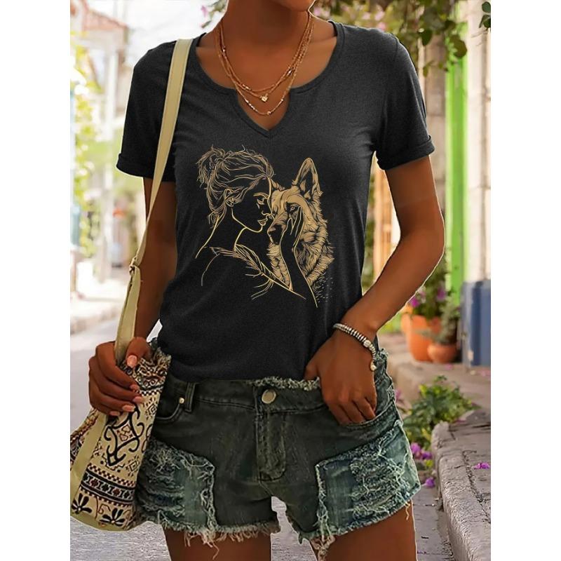 

Women s V-Neck Girl & Wolf Graphic Tee, Minimalist Line Art Print T-Shirt, Casual Short Sleeve Daily Fashion Top XL