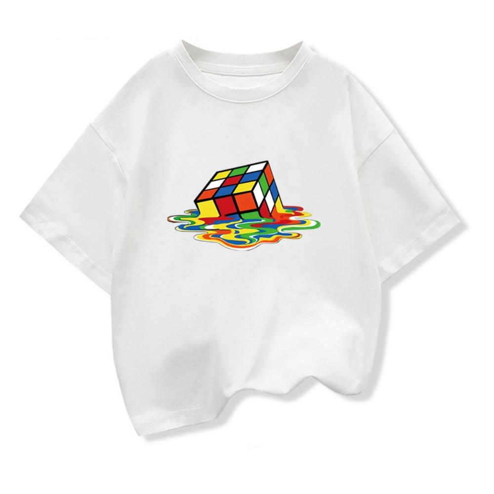 Summer Kids T-Shirt Pure Rubik's Cube Print Round Neck Boys Girls Short Sleeve Casual Cool Hip-Hop Short Sleeve T-Shirt