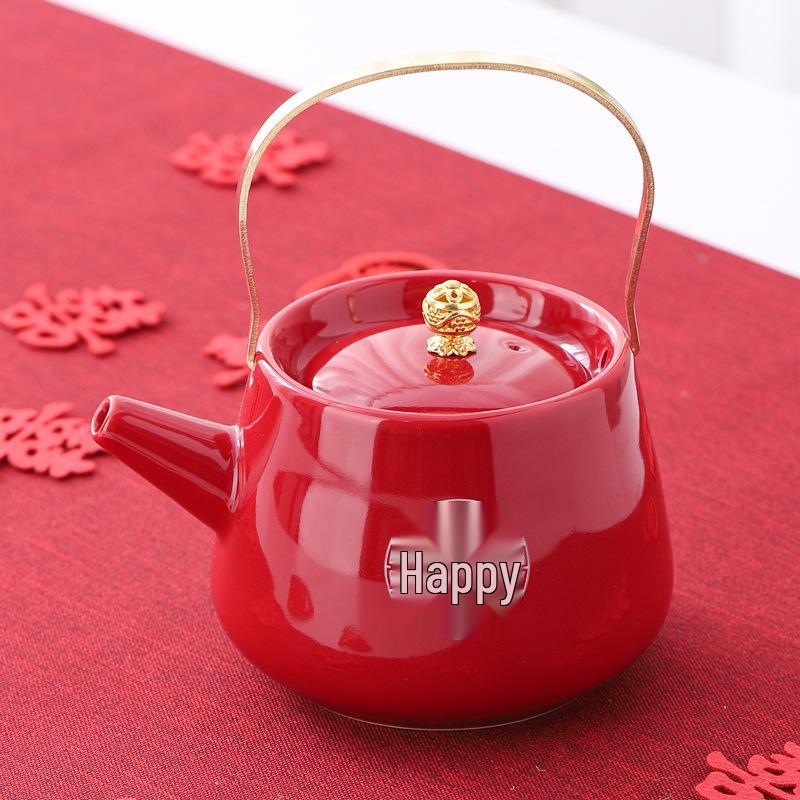 Red Ceramic Wedding Teapot & Water Cup Set - Festive Large-Handled Pot for Banquet and Dowry