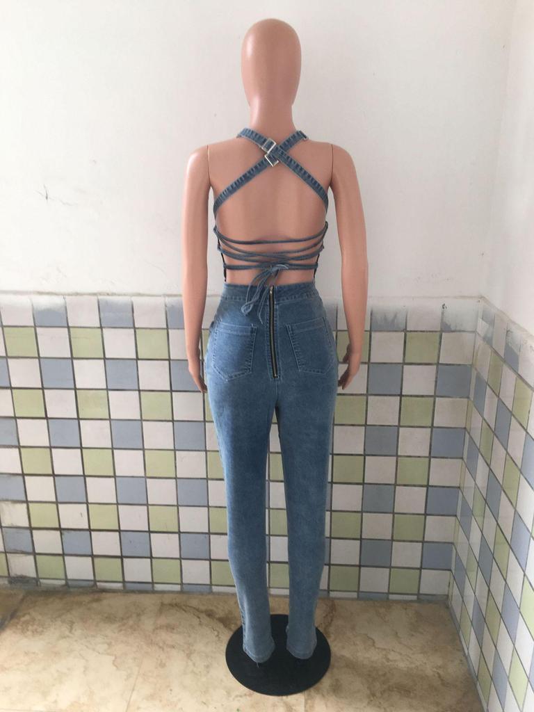 European American Casual Slim Backless Bandage Denim Jumpsuit