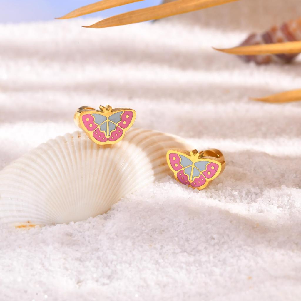 Rockyu Allure Earrings for Butterfly Stainless Pink Birthday Gift Kids, Gold, Design, Steel, Enamel, Cute, Blue, 2g,