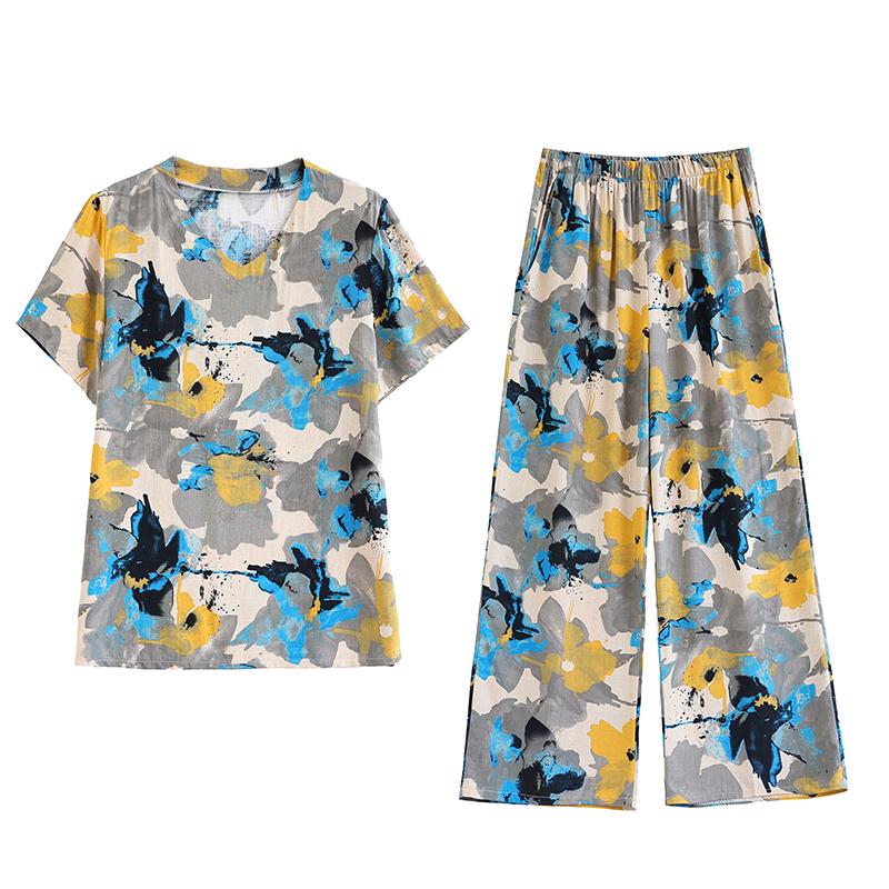 Eleganta 2-delade Set för Kvinnor Plus Size Löst Vintage Tryck Hög Midja Byxset Sommar Casual Kläder för Medelålders Kvinnor