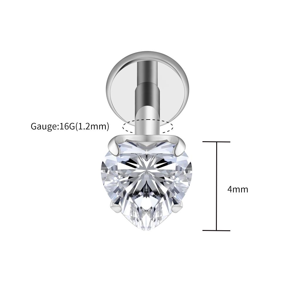 Titanio Genuino ASTM F136 Calibre 16G Corazón CZ Labret Roscado 3mm/4mm/5mm CZ Cartílago Tragus Hélice Stud para Nariz Joyería para Piercing
