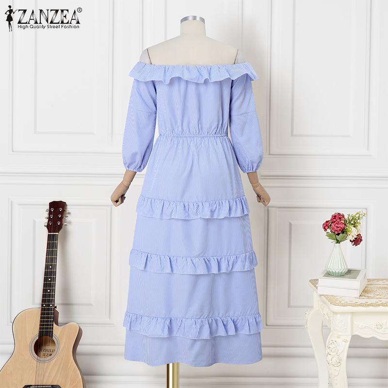 ZANZEA Rochie lungă de vacanță cu mâneci 3/4, cu umăr dezactivat