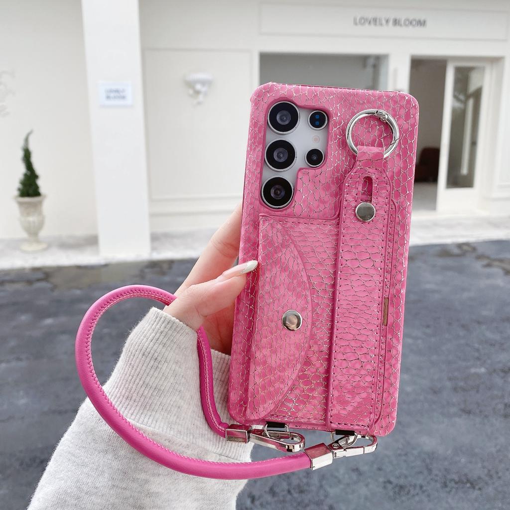 Für Samsung Galaxy S24 Ultra Hülle Kartenhalter Armband Lackierte Schlangentextur PU + PC Rückseite mit Lanyard