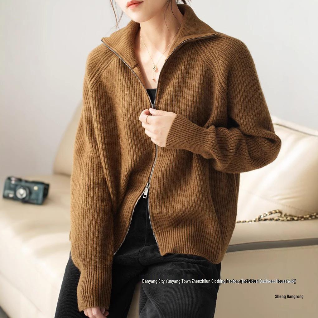 Women's European Style Pure Wool Turn-Down Collar Cashmere Cardigan with Double Zipper Knitwear.