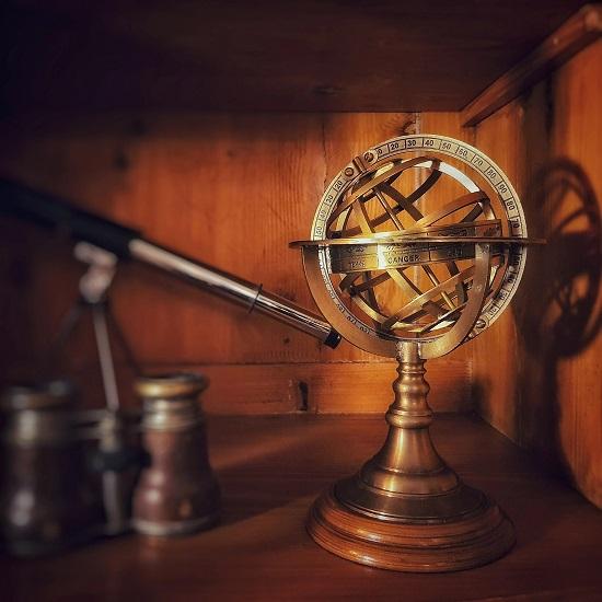 Brass Armillary Sphere with Wooden Base