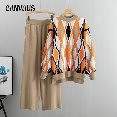 Örme Geniş Paça Pantolon Kazak Takım Kadın Sonbahar Büyük Beden Bol Moda Mizaç Pantolon Takım