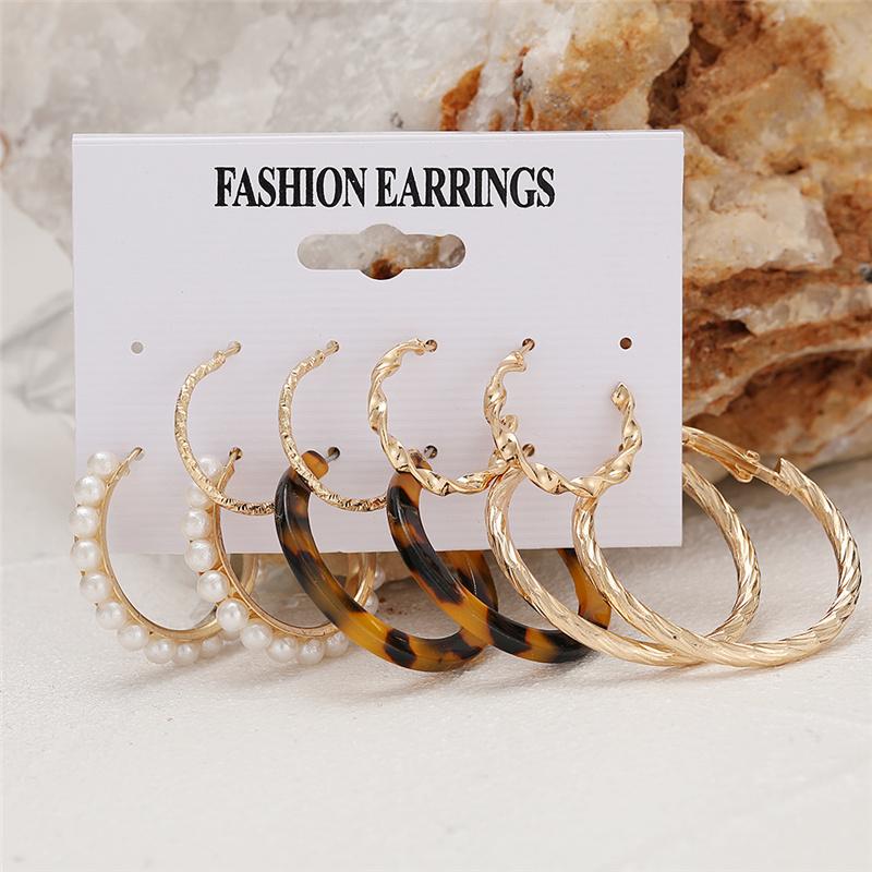 Bohemian Fashion Acrylic Leopard Round Circle Hoop Earrings Set For Women Gold Color Butterfly Pearls Drop Earrings Set Jewelry