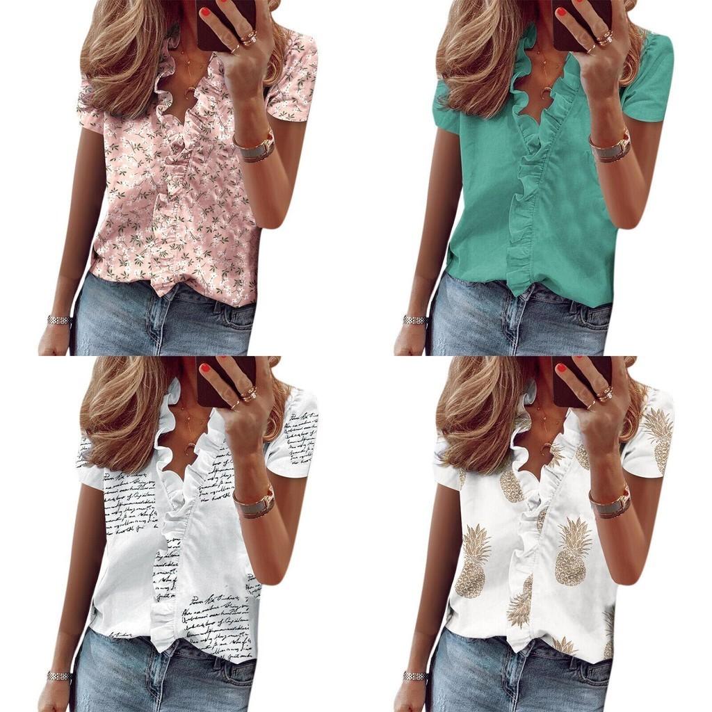 T-shirt da donna alla moda con scollo a V, maniche corte a balze e stampa floreale margherita alla moda