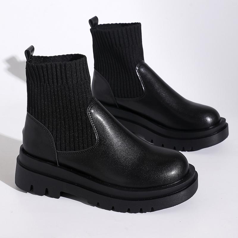 Fashion Women's Slip-On Chunky Platform Boots Knitted Patchwork Pu Leather Thick Sole Boots Woman Comfy Non Slip Chelsea Botas Mujer