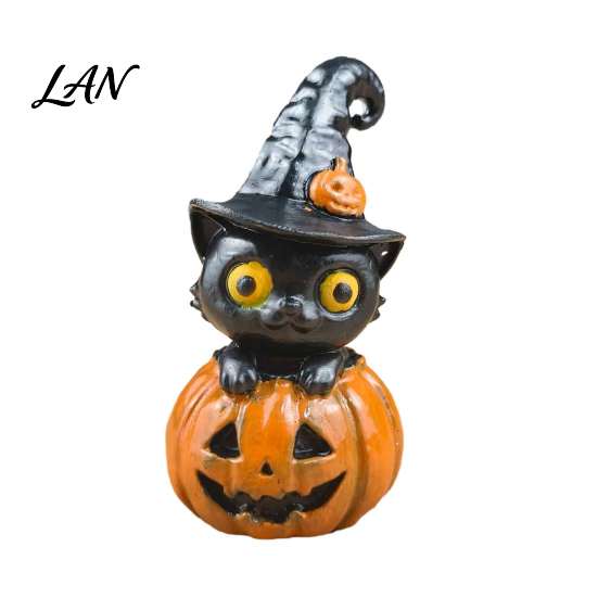 Spooky Tabletop Centerpieces Halloween Black Cat & Pumpkin Resin Ornaments, Cute Desktop Figurines, Office Desk Seasonal Ornaments Cartoon And Statue