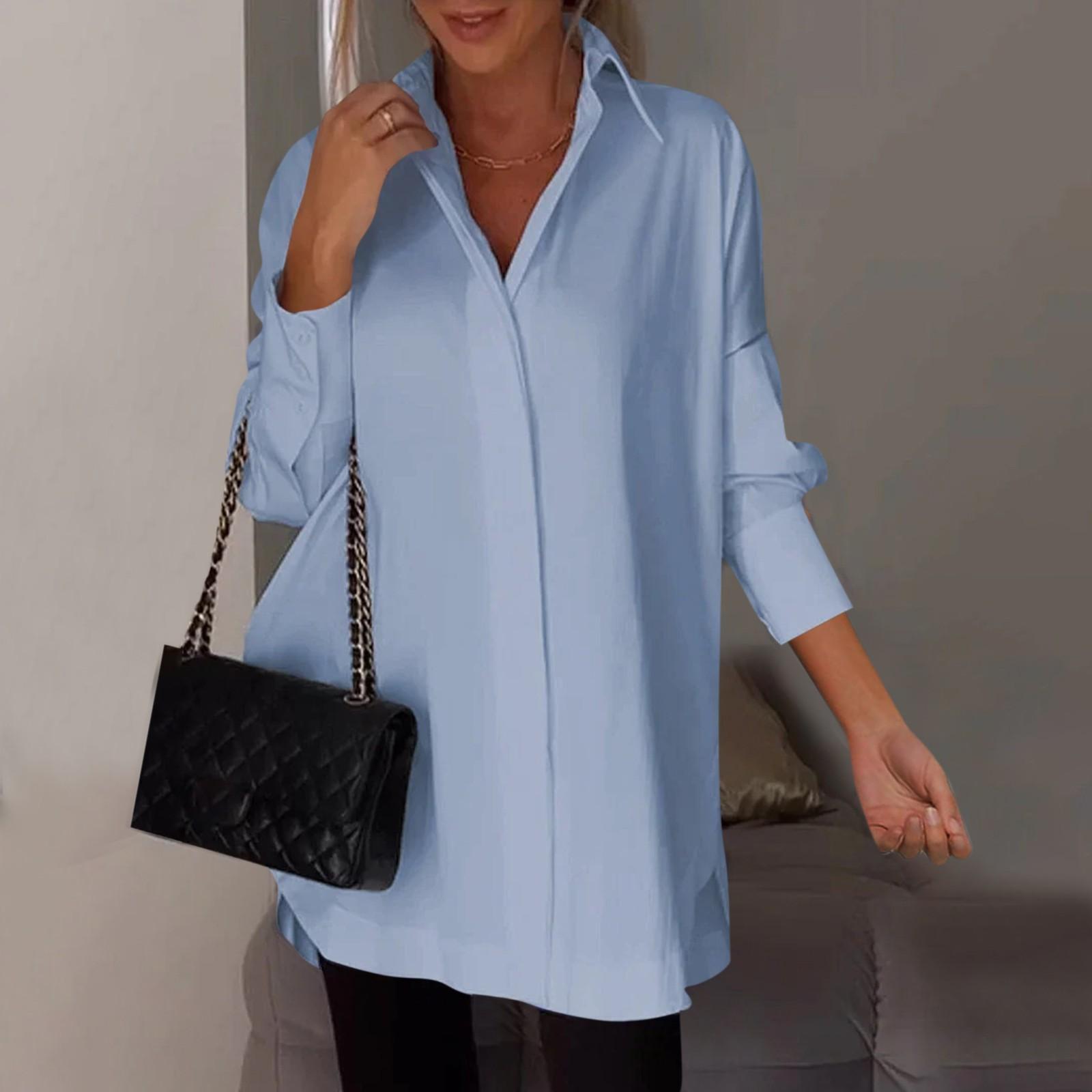 Женская модная однотонная повседневная рубашка с бархатным воротником и длинными рукавами — фото 11