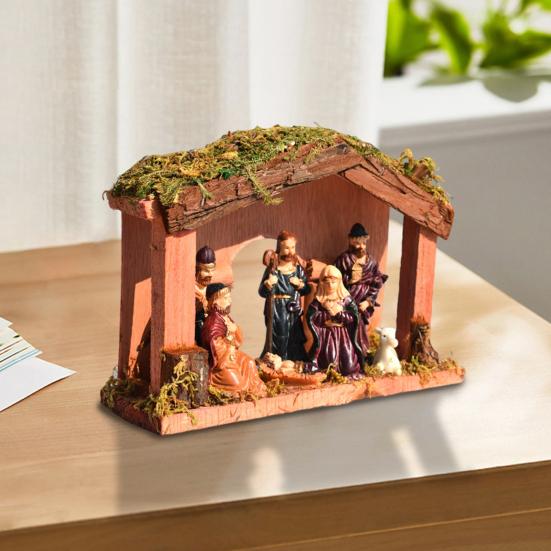Christmas Nativity Figurine Set Jesus Manger Scene Holy Family Resin Statue Religious Christmas Stable Figures Set for Indoor Tabletop Decor