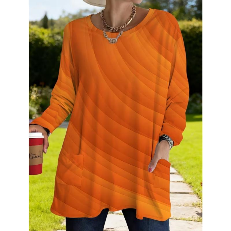 Women's long-sleeved round-neck T-shirt, suitable for spring, autumn and winter seasons. It has pockets and print designs. machine washable.