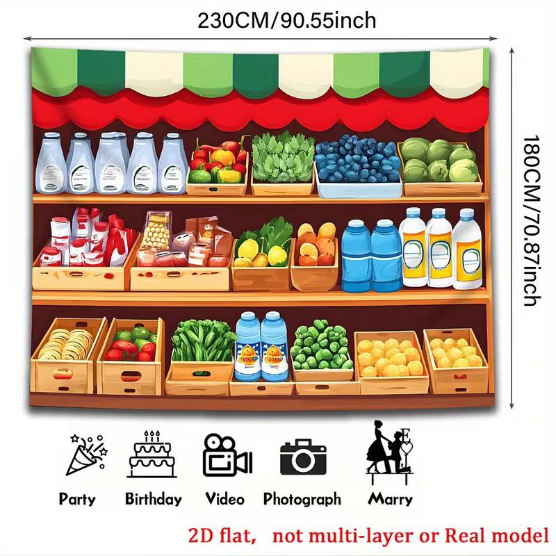 2D Kids Room Tapestry, Grocery Store Shelves with Vegetables & Drinks Decor