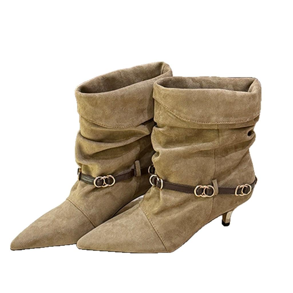 Pointed short boots women's thin heel boots autumn and winter women's boots thin boots high heels suede short boots women's black