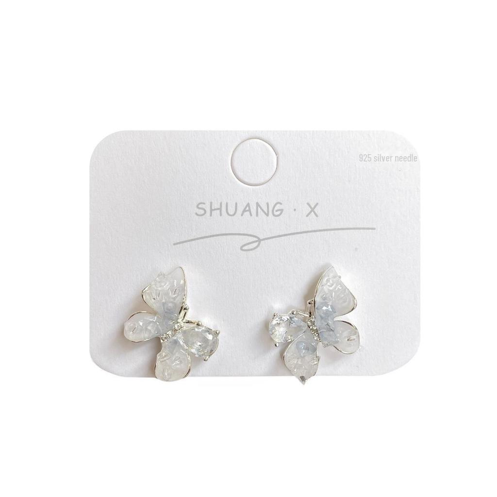 Summer Peach & Mist Blue Crystal Butterfly Earrings - Elegant Silver Needle Design for Women