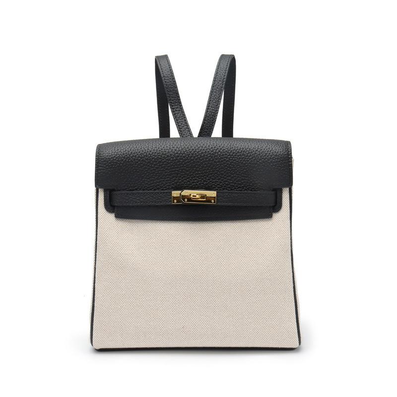 New backpack canvas with first layer cowhide European and American fashion leather women s bag student travel backpack чёрный