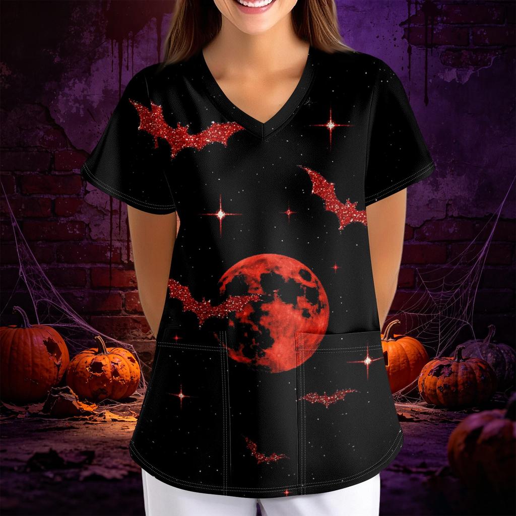 Women Halloween Print Loose Fit V Neck Short Sleeve Scrub Top with Pockets for Healthcare Professionals Comfortable Workwear