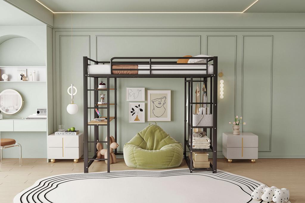 Hochbett mit Leiter 90*200cm, Einzelbett Kinderbett mit Tisch mit einfacher Aufhängung mit Staufächern, Schwarz