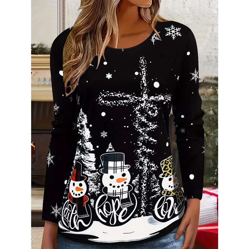 T-shirt Femme Manches Longues Col Rond Impression 3D Thème Noël Mode Confortable Respirant Doux Décontracté Ample Polyvalent