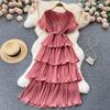 French niche design sense elegant temperament V-neck cake dress women's lace-up waist seaside vacation chiffon skirt