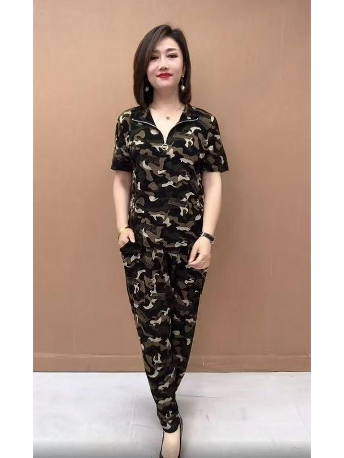 Plus Size Camouflage Summer Two-Piece Set: Short Sleeve Lapel Top & Sport Pants for Women