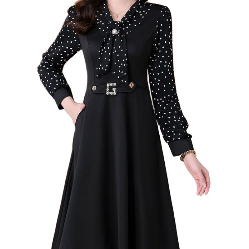 Women's Korean-Style Casual Elegant Slimming A-Line Dress Bow Patchwork Rhinestone Solid Color Long-Sleeve Dress