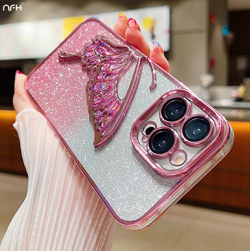 For iPhone 16 Pro Max Luxury Plating Flash Butterfly Frame Phone Case For iPhone 11 12 13 14 15 16 Plus Lens Protective Cover