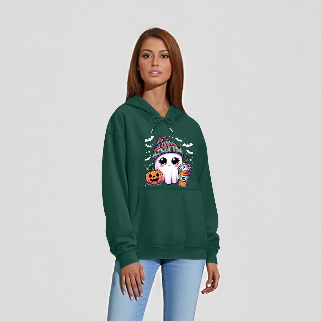 Haut à col rond et manches longues pour femme, imprimé Halloween, sweat à capuche de couleur unie