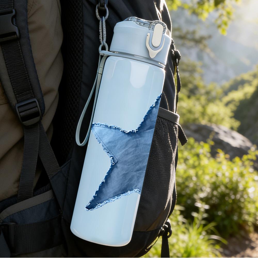 1PC Denim Blue Star 750ml Color Plastic Sports Water Bottle Leakproof Flip Straw Lid Suitable for Sports Office Home Use
