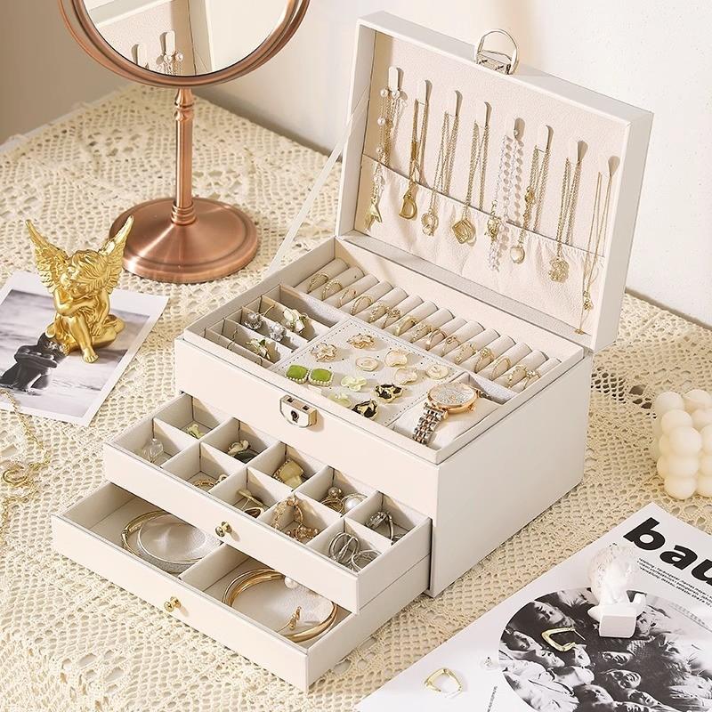Classic Leather Jewelry Box With Multiple Layers For Elegant Storage Of Earrings Rings And Necklaces