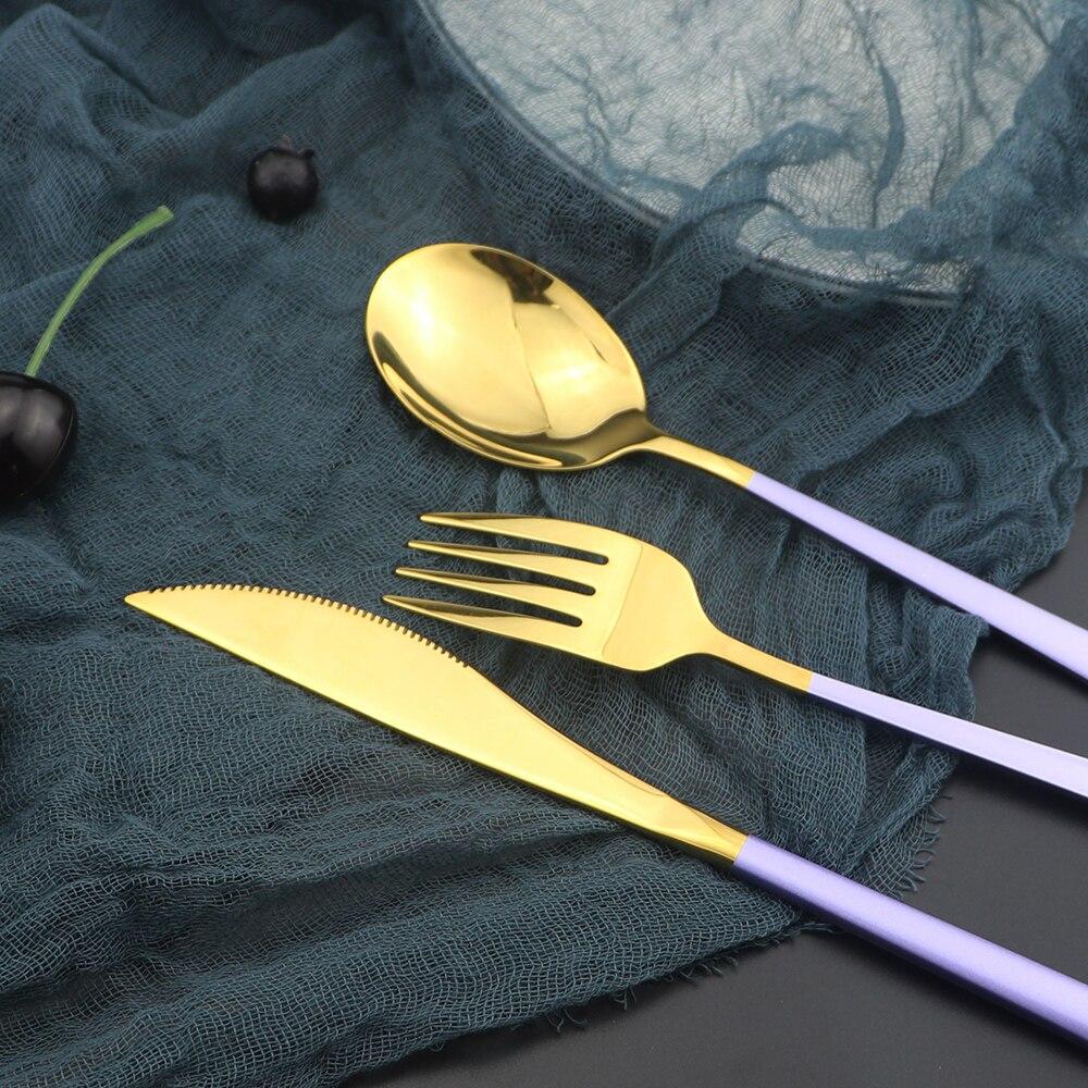 Couverts en acier inoxydable 304, ensemble de couverts, fourchette, couteau, cuillère à Dessert, vaisselle de cuisine, vaisselle en argent, violet et or