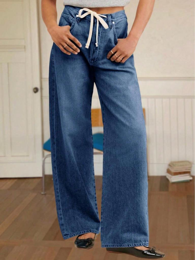 Damen High Waist Baggy Weite Beine Jeans Kordelzug Boyfriend Denim Hose