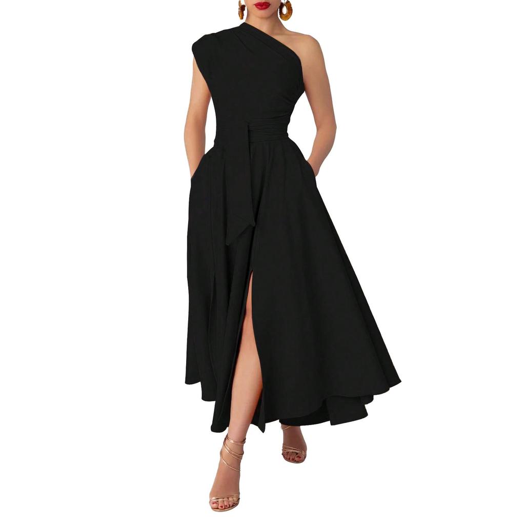 Summer Style Women's Sleeveless One-Shoulder Dress with Cinched Waist and Wide Hem