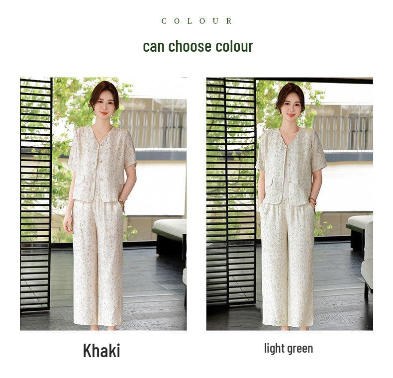 Women's Chinese Style Summer Two-Piece Set: Stylish Short Sleeve Top and Pants for Middle-Aged and Elderly