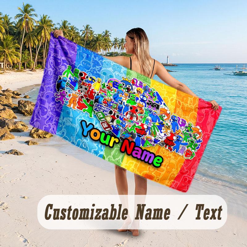 Personalized Beach Towel,Rainbow Friends Custom Printed Name Text, Super Absorbent Towel For Beach Vacation