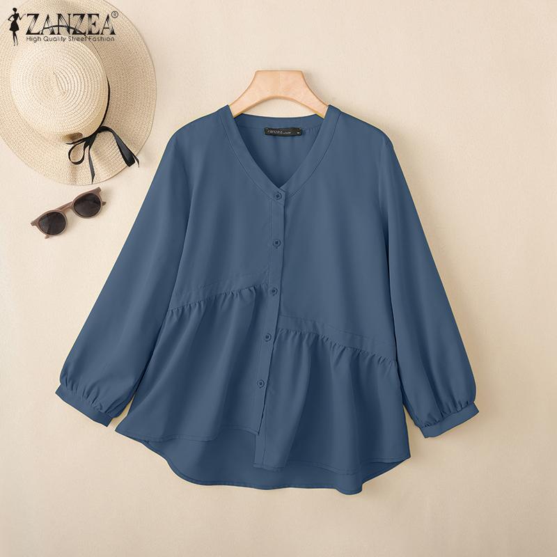 ZANZEA Damska codzienna bluzka z dekoltem w serek, w jednolitym kolorze, luźna, z długim rękawem