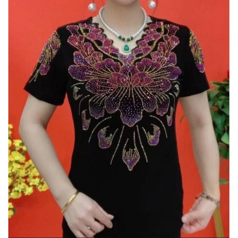 Women's Summer Hot Diamond V-neck Short Sleeved High Elasticity Slim Fit Temperament Base Shirt, Slimming and Casual Plus Size T-shirt