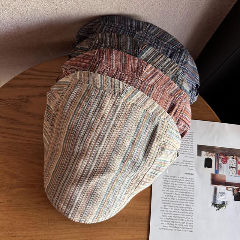 Brimmed Short Retro Beret With Stripe Design For Spring Summer Accessory Fashion
