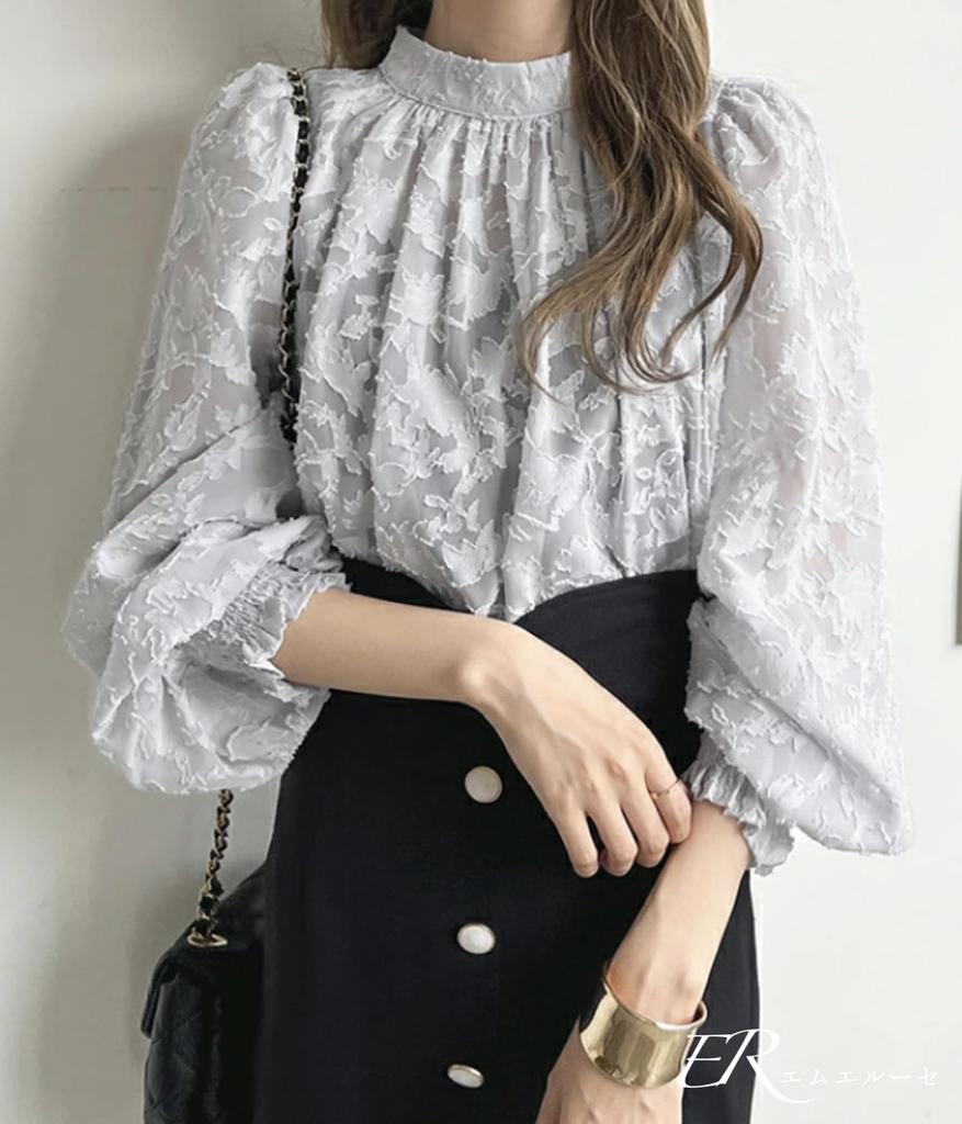MRLuse Lace Jacquard Floral Top with High Neck and Balloon for and and Perfect for Working from Home or Going the or Blouse, Sleeves, Black, Women,