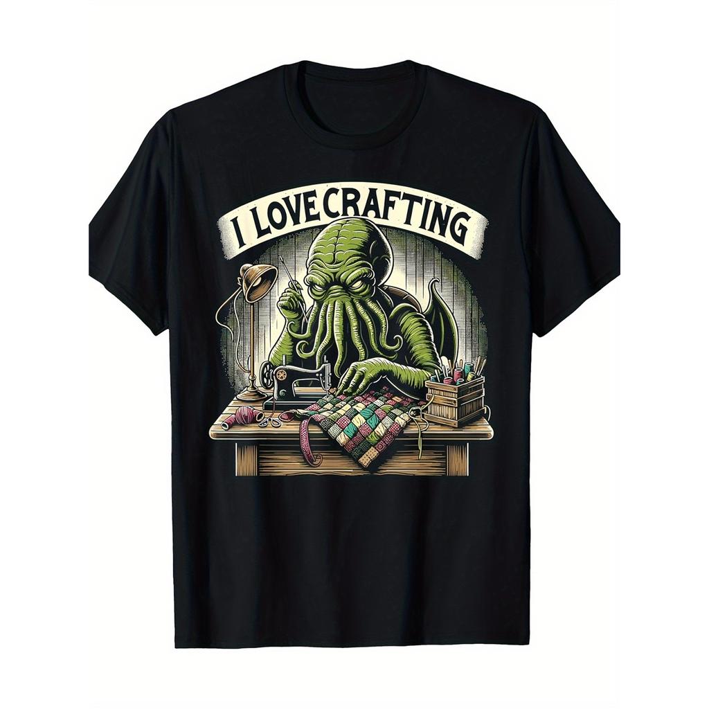T-shirt Casual da Uomo a Maniche Corte con Grafica Cthulhu per Cucito e Quilting