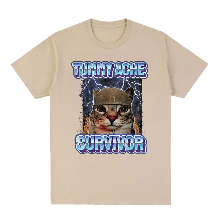 Vintage Tummy Ache Survivor Funny Cat Meme Tee Shirt Men Women Clothing Fashion Short Sleeve T-shirt Casual Pure Cotton T Shirts