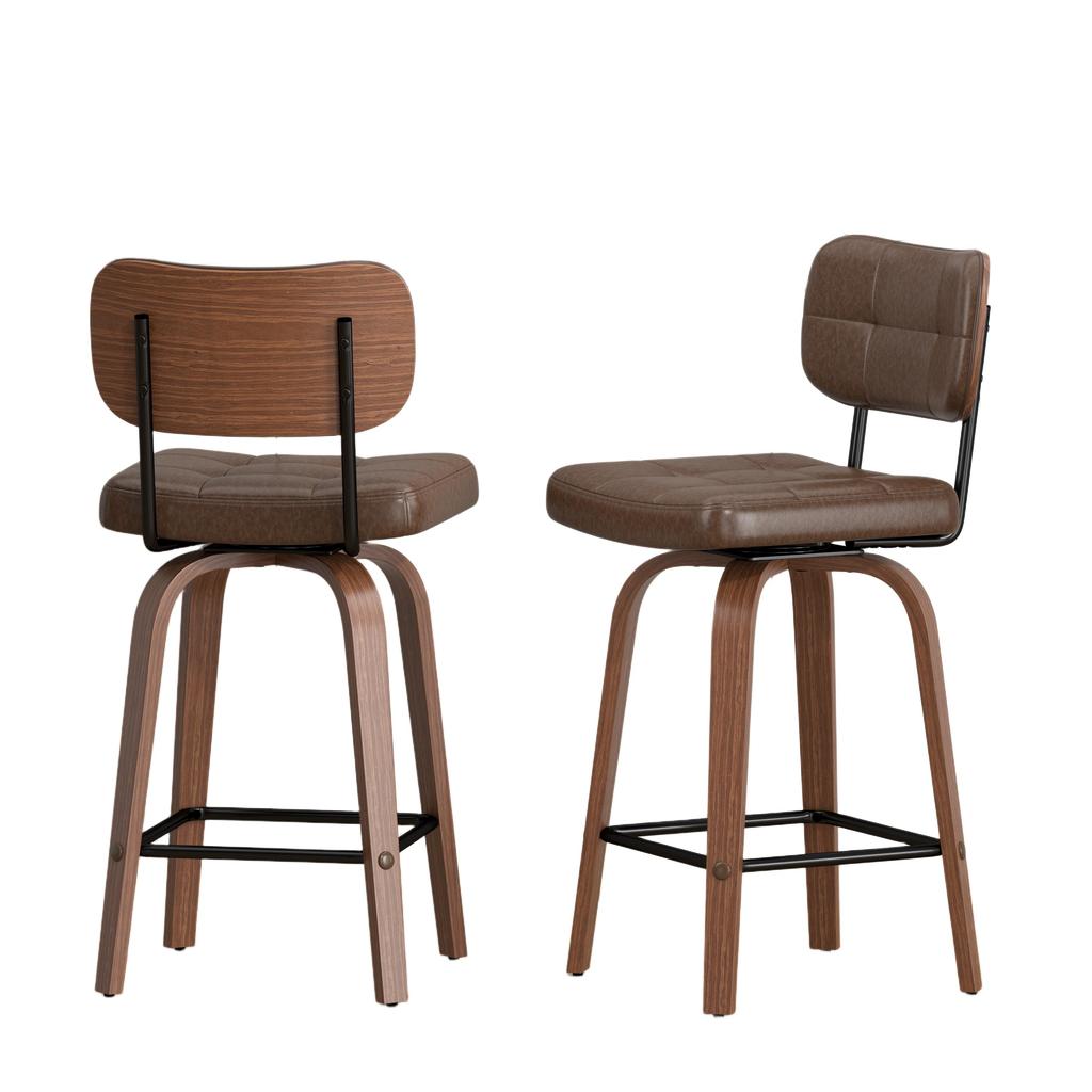 Bar Stool Curve – Swivel PU Upholstered Stool with Curved Wood Sickle Backrest & Metal Frame, 360 Degrees Swivel, Set of 2