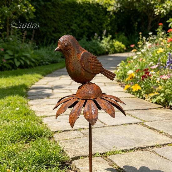 Retro Rust Finish Garden Stake Rusty Decorative Stakes, Metal Flowers Birds Decoration, Daisy Ground Bird Stake, Plant Container Decorations
