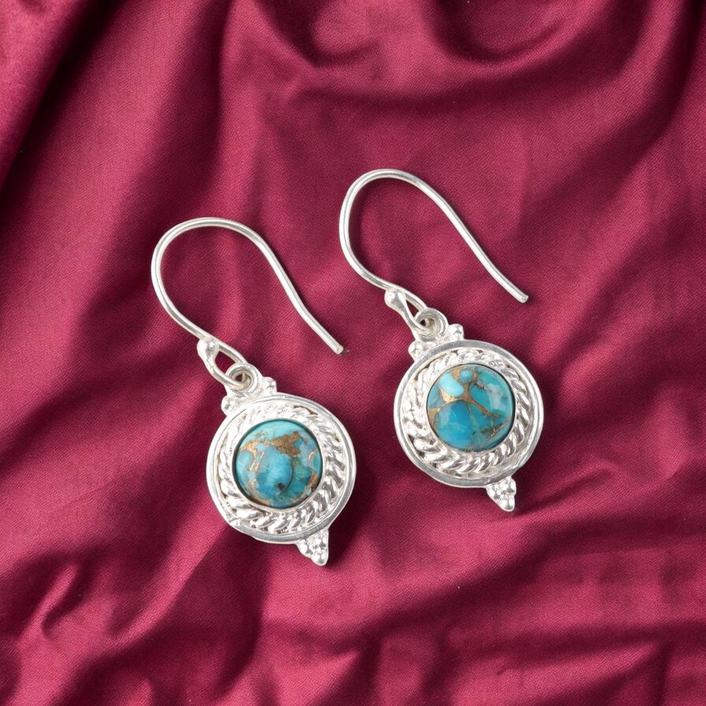Rare Blue Copper Turquoise Gemstone 925 Sterling Silver Jewelry Earrings 1.43" EE-117-42