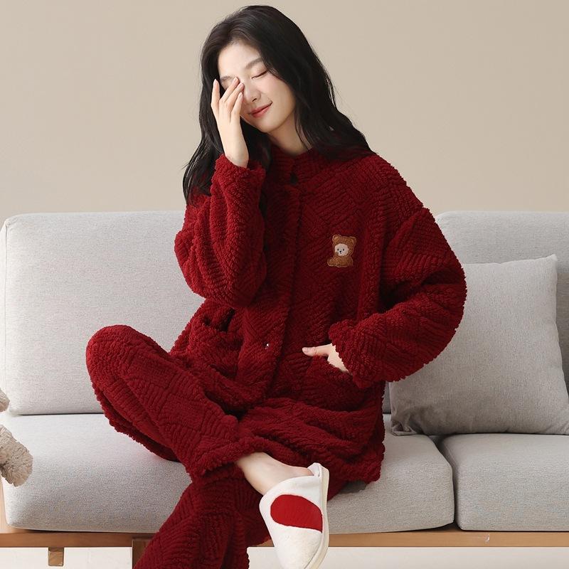 Pajamas Wedding Newlywed Couple Suit Autumn And Winter Coral Fleece Thickened Warm Natal Year Wedding Red Loungewear