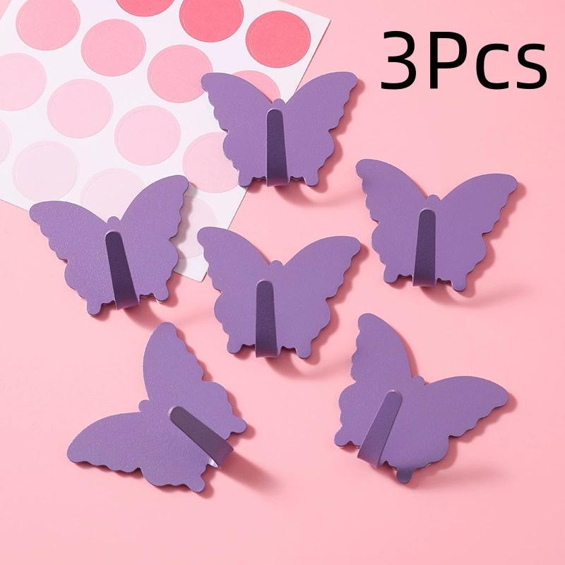 3Pcs Butterfly Wall Hooks Self-Adhesive Iron Hangers for Coats Hats and Keys Cute Decorative Wall Organizer for Bedroom
